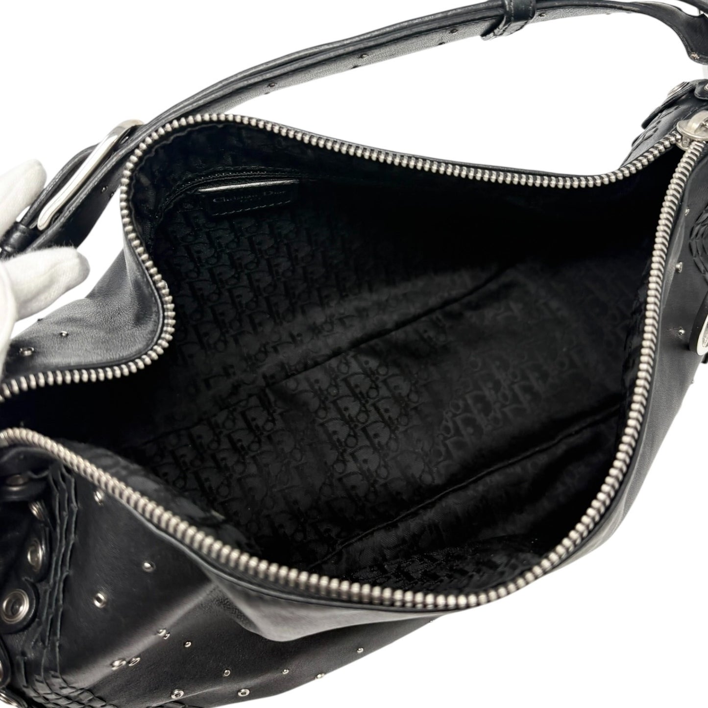 Christian Dior Vintage Peace and Love Leather Hobo Bag Black Silver Studs