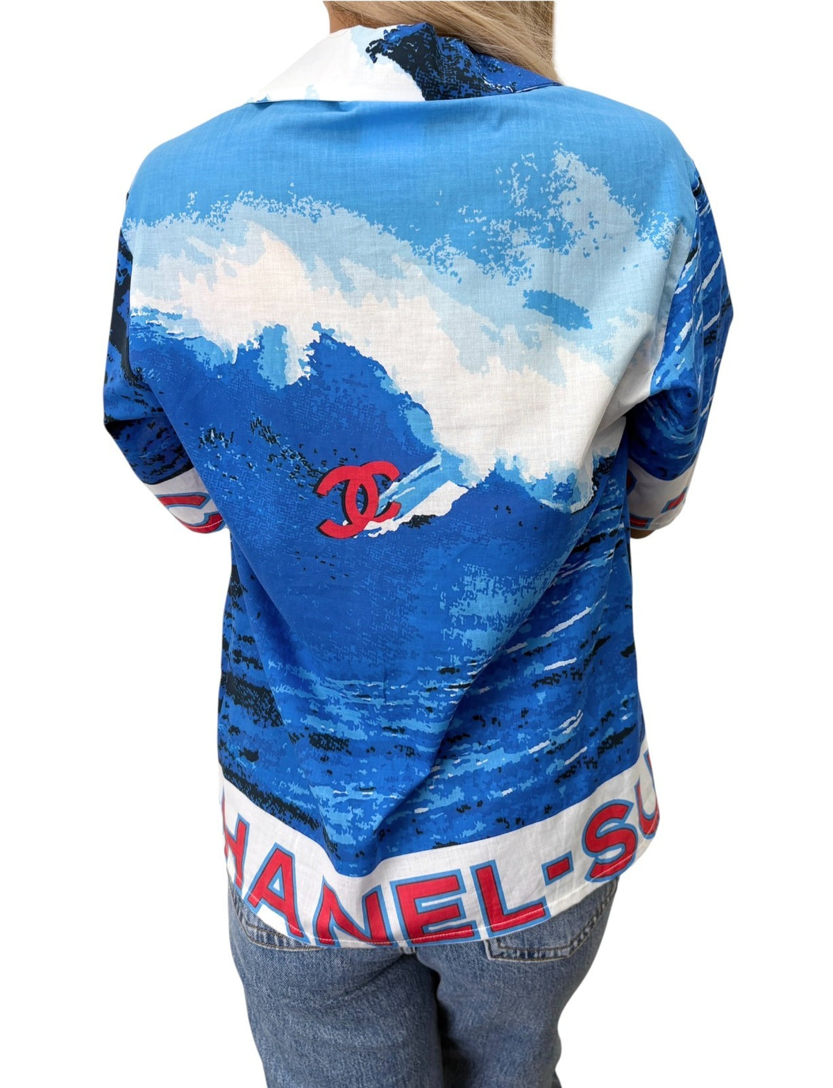 CHANEL Surf Vintage 02S CC Logo Aloha Shirt Top #36 Blue White Cotton 902834