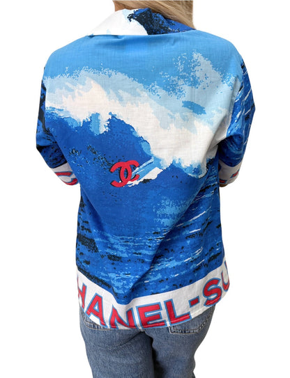 CHANEL Surf Vintage 02S CC Logo Aloha Shirt Top #36 Blue White Cotton 902834