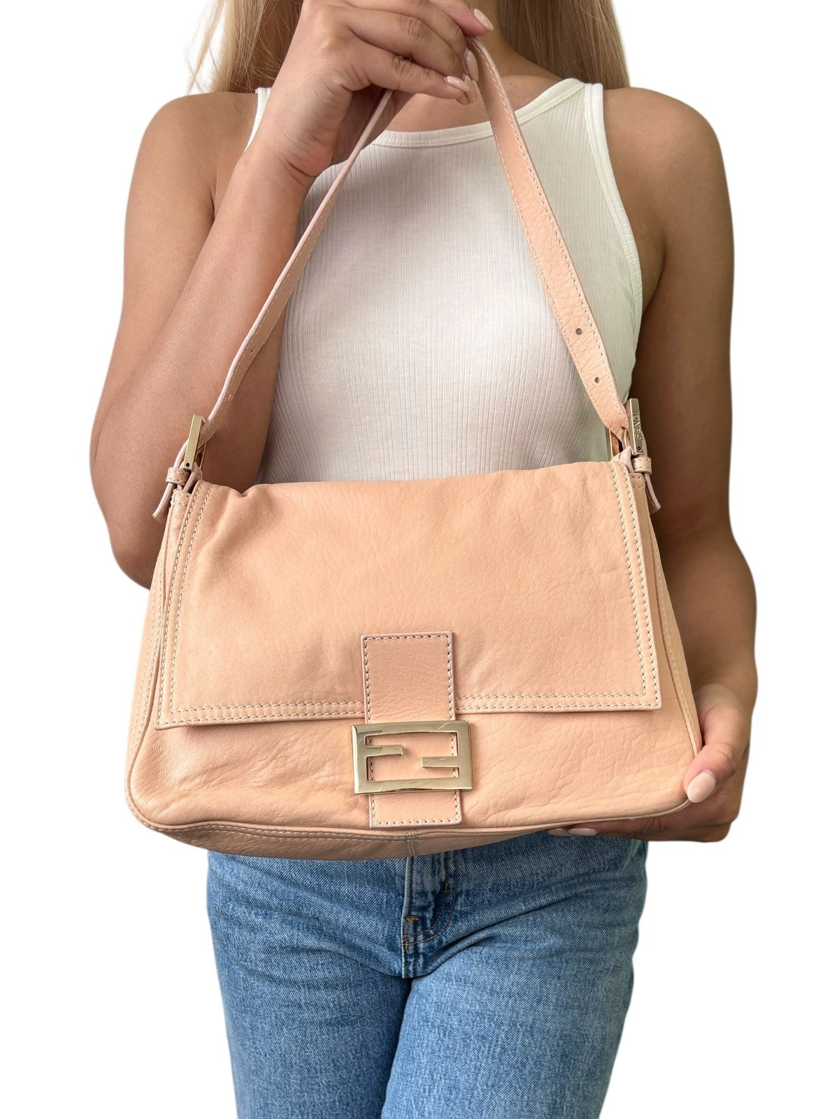 FENDI Vintage FF Logo Mamma Baguette Shoulder Bag Beige Gold Soft Leather