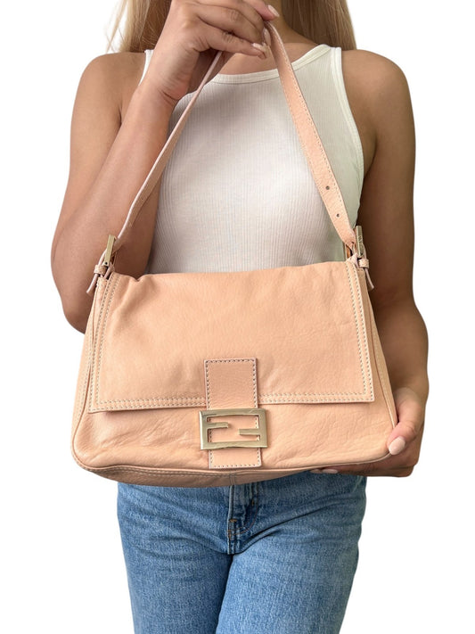 FENDI Vintage FF Logo Mamma Baguette Shoulder Bag Beige Gold Soft Leather