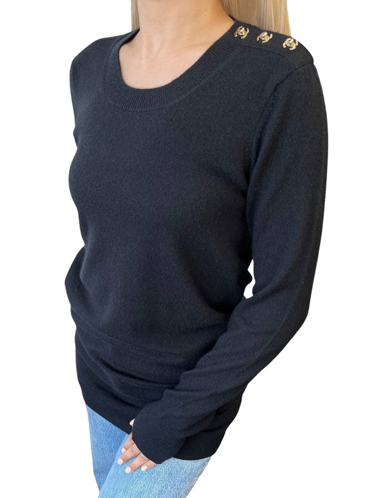 CHANEL Vintage CC Logo Turnlock Cashmere Ribbed Sweater Knit Top #36 Black