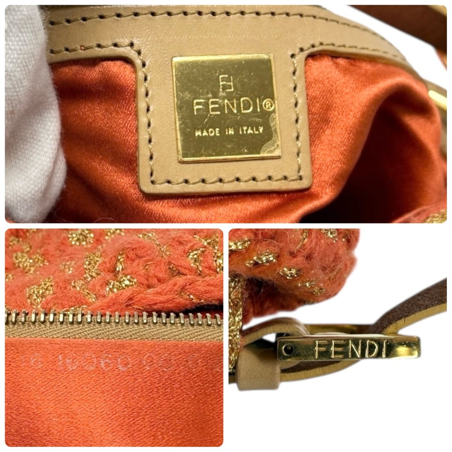 FENDI Vintage FF Mamma Baguette Wool Knit Shoulder Bag Glitter Orange Beige