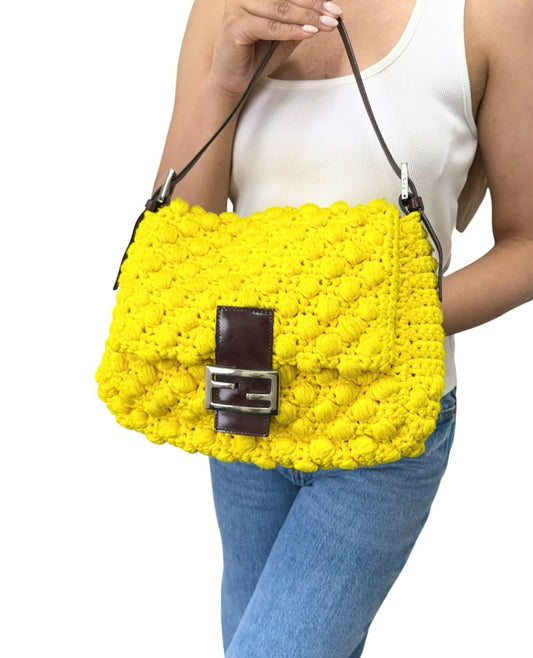 FENDI Vintage Logo Mamma Baguette Knit Shoulder Bag Yellow Brown 901876