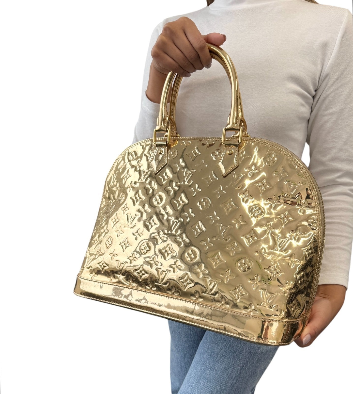 LOUIS VUITTON Vintage Monogram Miroir Alma GM Gold Tote Bag Patent 902558