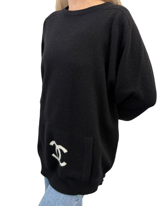 CHANEL Vintage 94A CC Logo Cashmere Pocket Knit Sweater Top Black 902809