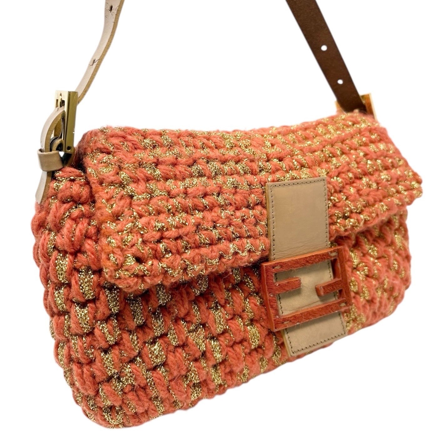 FENDI Vintage FF Mamma Baguette Wool Knit Shoulder Bag Glitter Orange Beige