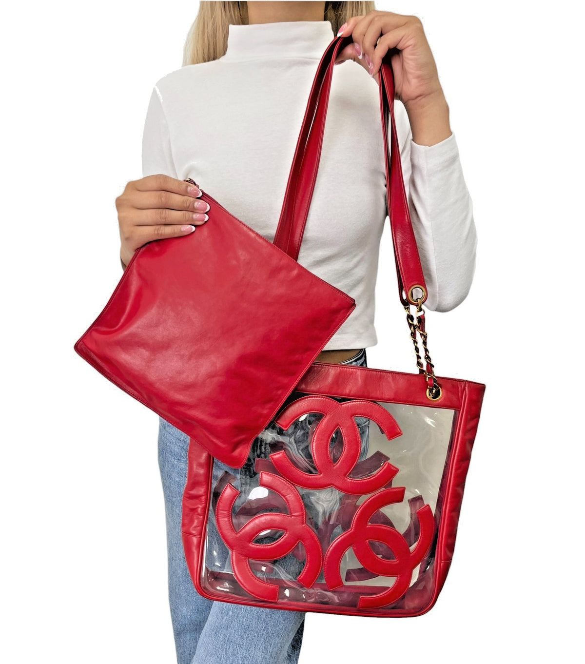 CHANEL Vintage Triple CC Logo Clear Tote Shoulder Bag Red Pouch 902320