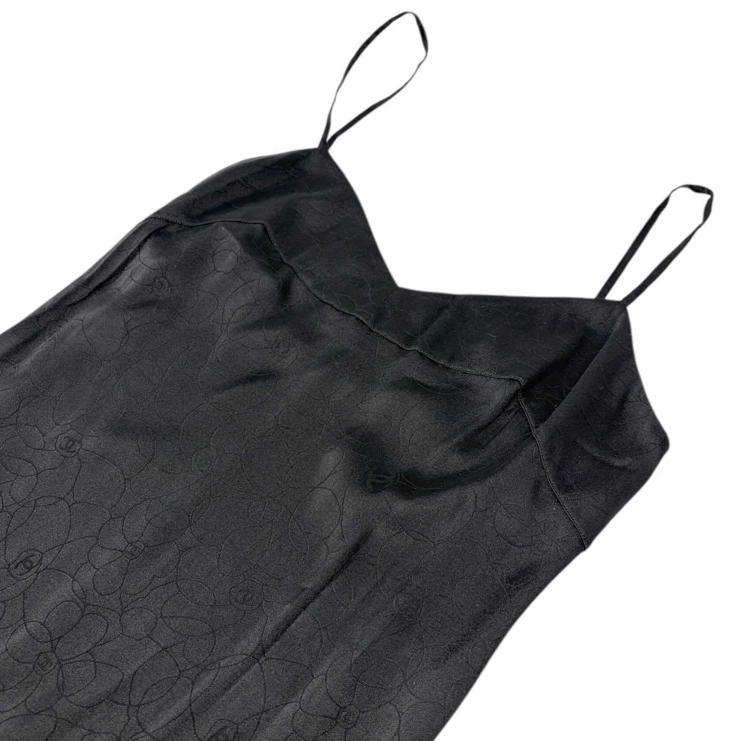 CHANEL Vintage 01P CC Logo Dress One-piece #38 Flower Camellia Button Black Silk