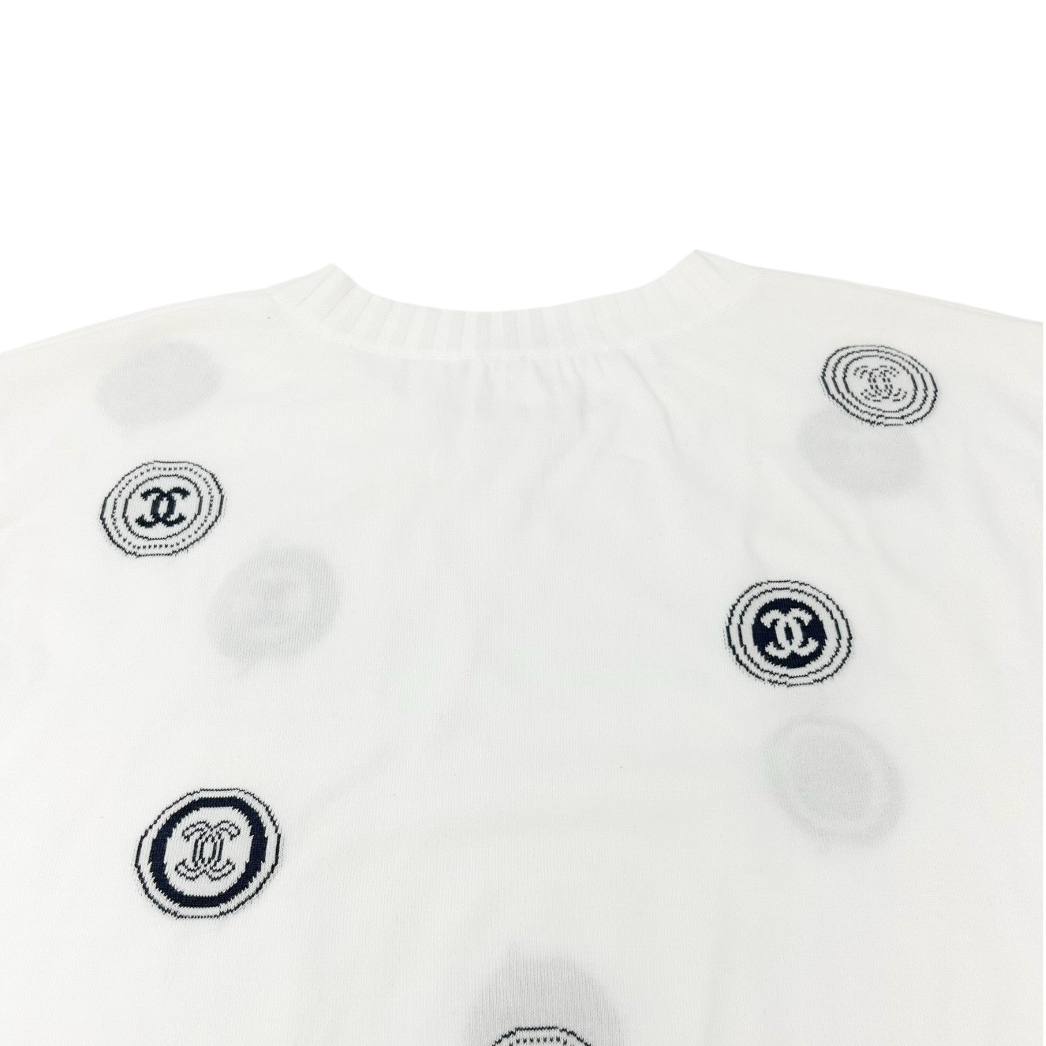 CHANEL Vintage 01P CC Logo T-shirt Top #34 White Blue Cotton Rib short sleeve