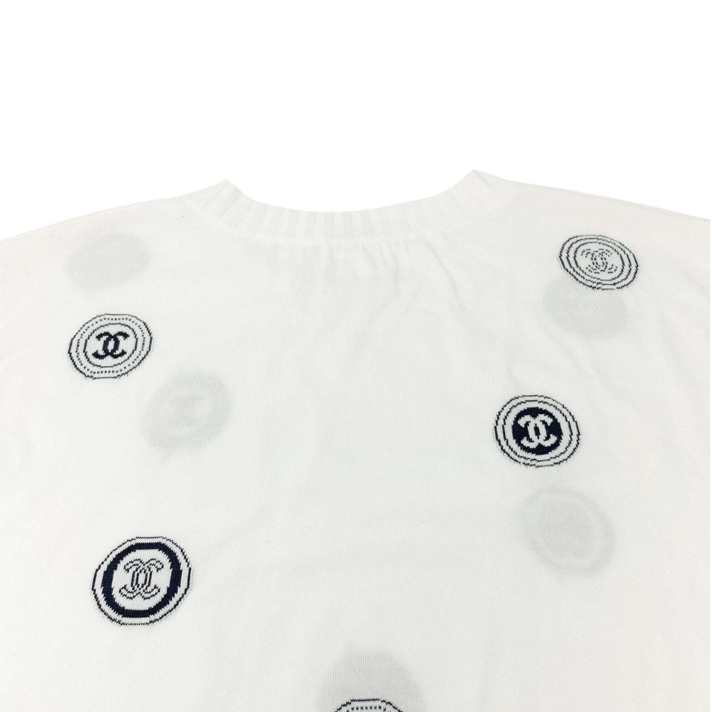 CHANEL Vintage 01P CC Logo T-shirt Top #34 White Blue Cotton Rib short sleeve