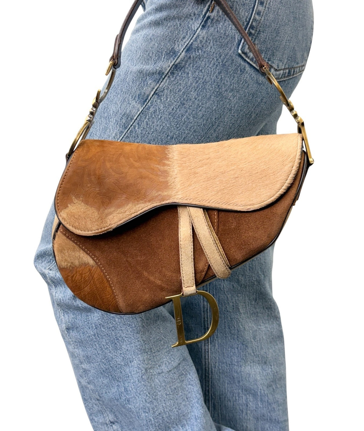 Christian Dior Vintage Pony Carf Hair Saddle Shoulder Bag Brown Beige 902489