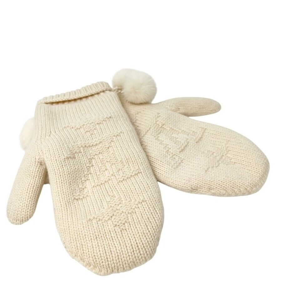 LOUIS VUITTON Vintage LV Logo Knit Gloves Mink Pompons Cream Cashmere