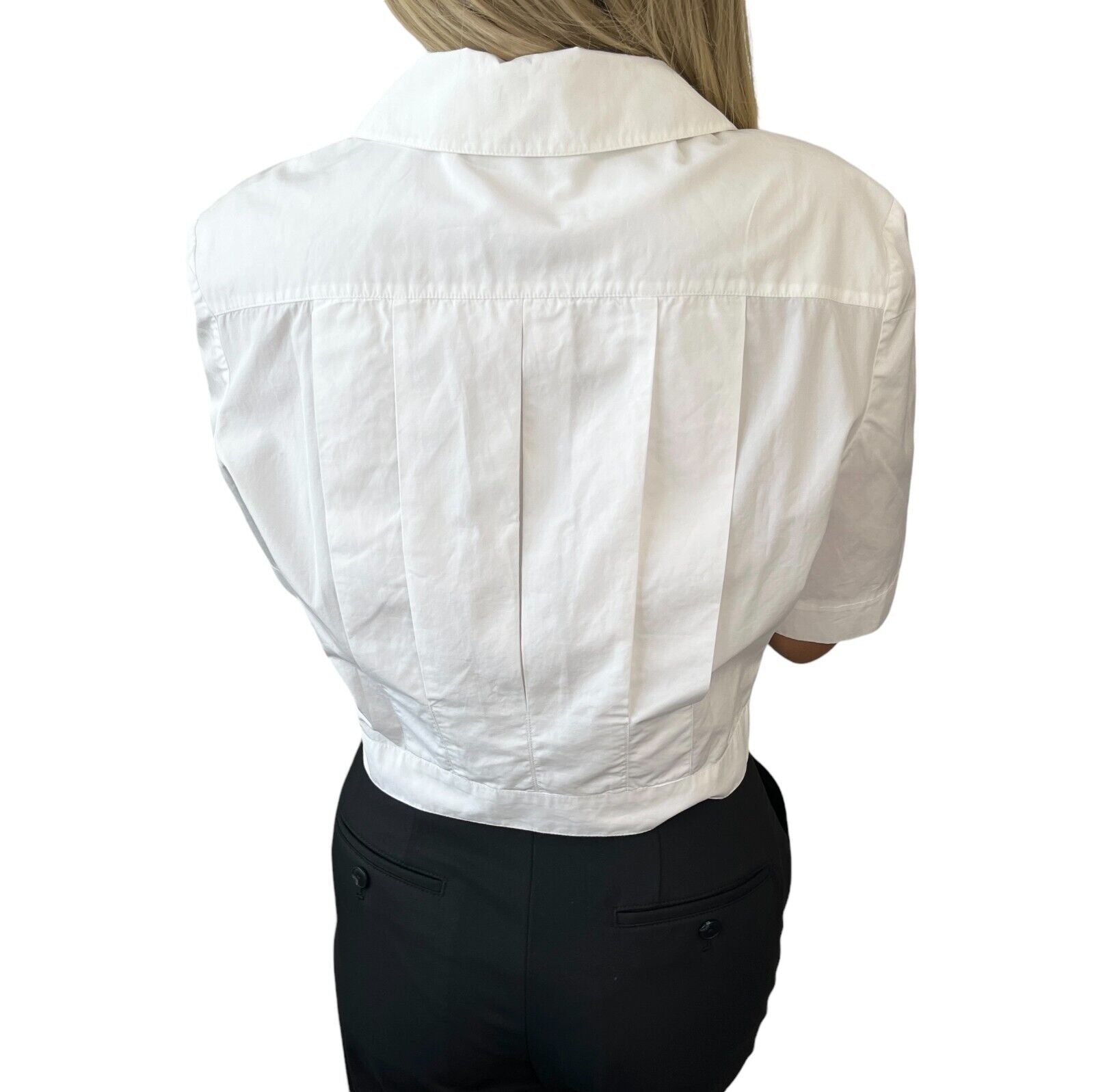 CHANEL Vintage CC Mark Button Cropped Shirt Top White Gold Cotton Rank AB+