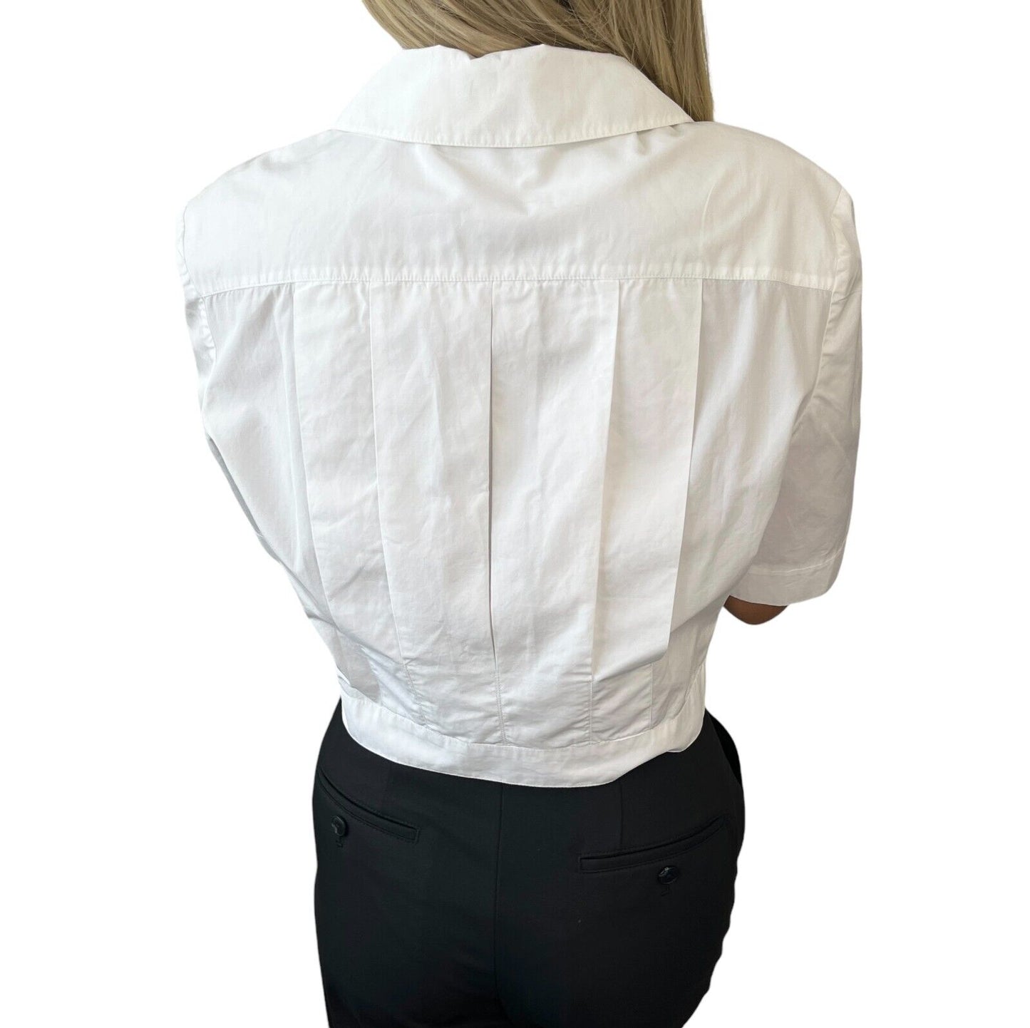 CHANEL Vintage CC Mark Button Cropped Shirt Top White Gold Cotton Rank AB+