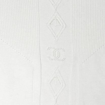 CHANEL Vintage 05P CC Logo Ribbed Knit Top #34 Short Sleeve White Cotton
