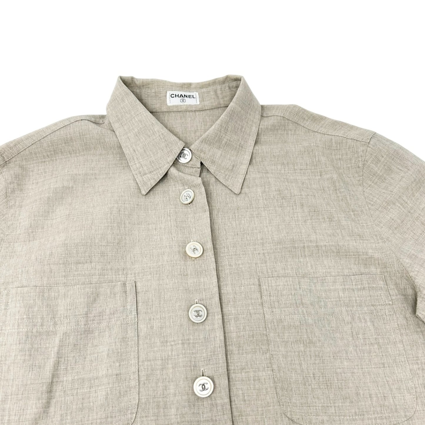 CHANEL Vintage CC Logo Button Up Shirt Blouse Top Beige Front Pocket Wool
