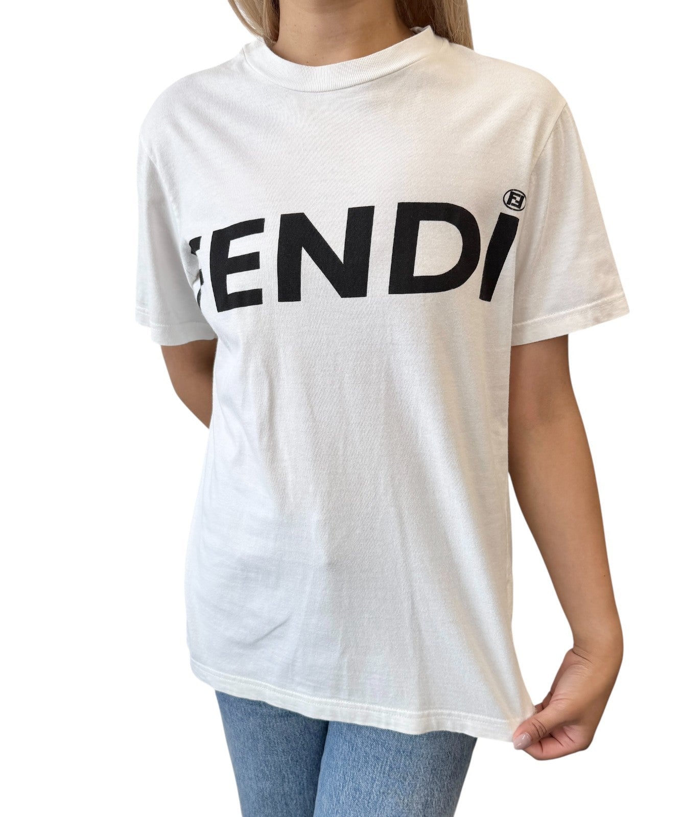 FENDI Vintage Big Logo T-shirt Top #40 White Black Cotton Short Sleeve