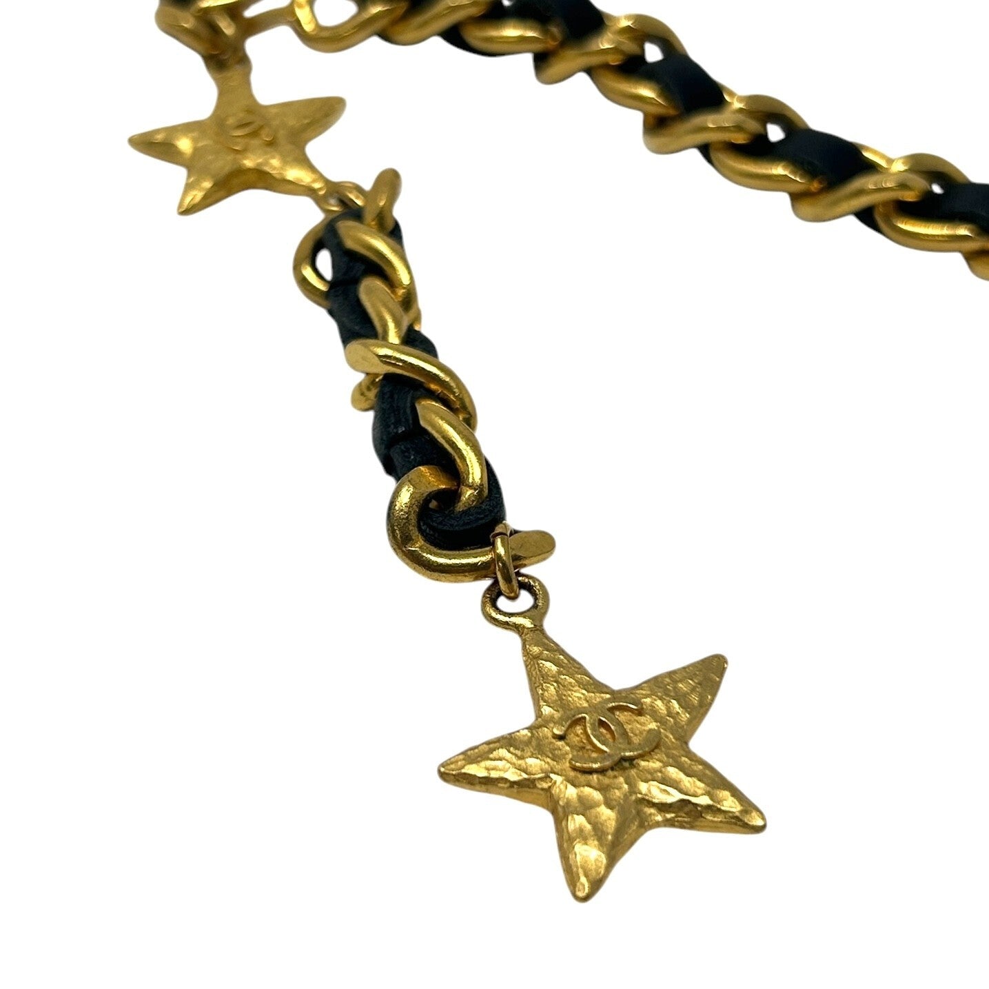 CHANEL Vintage 95A CC Logo Chain Belt Gold Black Leather Metal Star Accessory