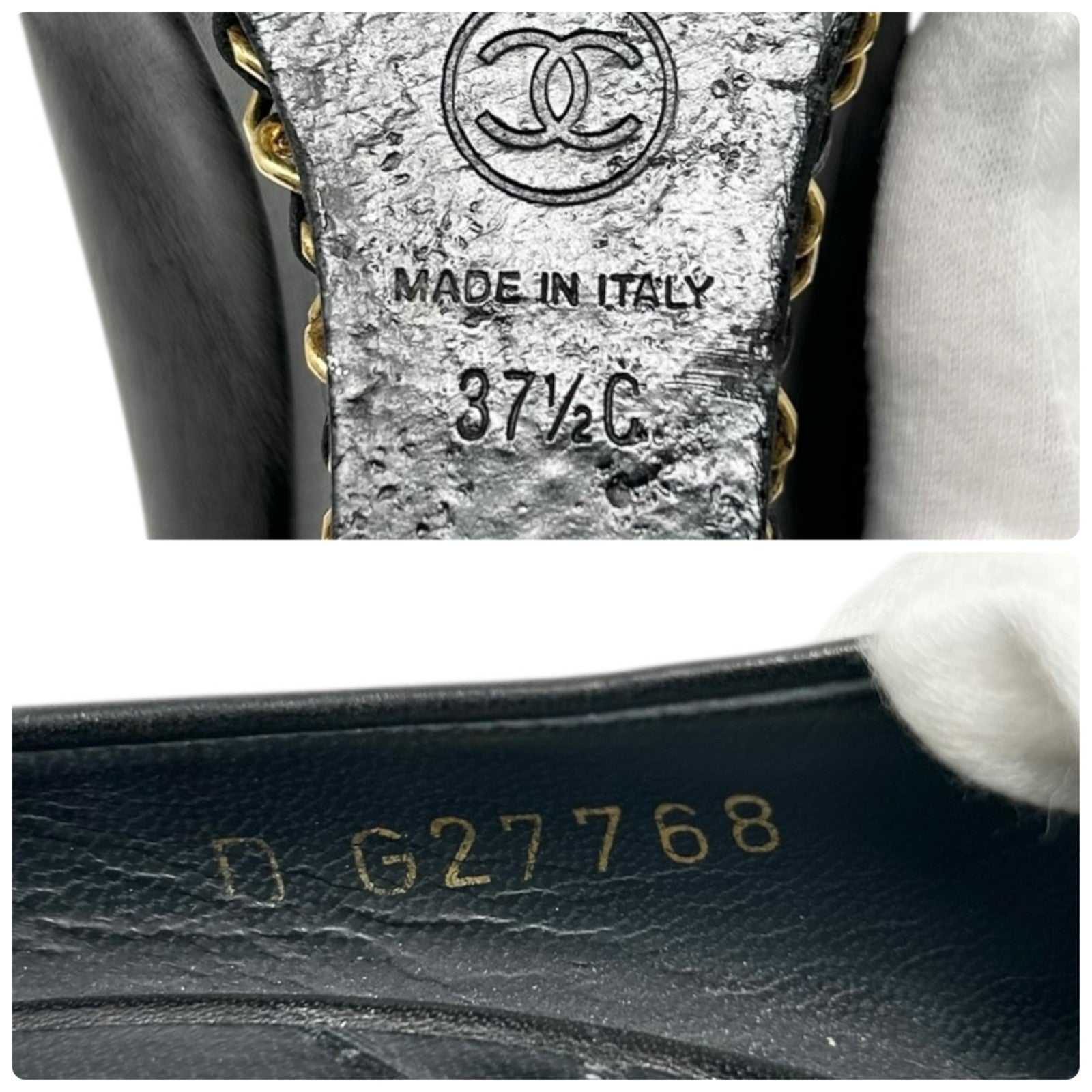 CHANEL Vintage CC Logo Open Toe Chain Sandals #37-37.5 Black Wedge Heels