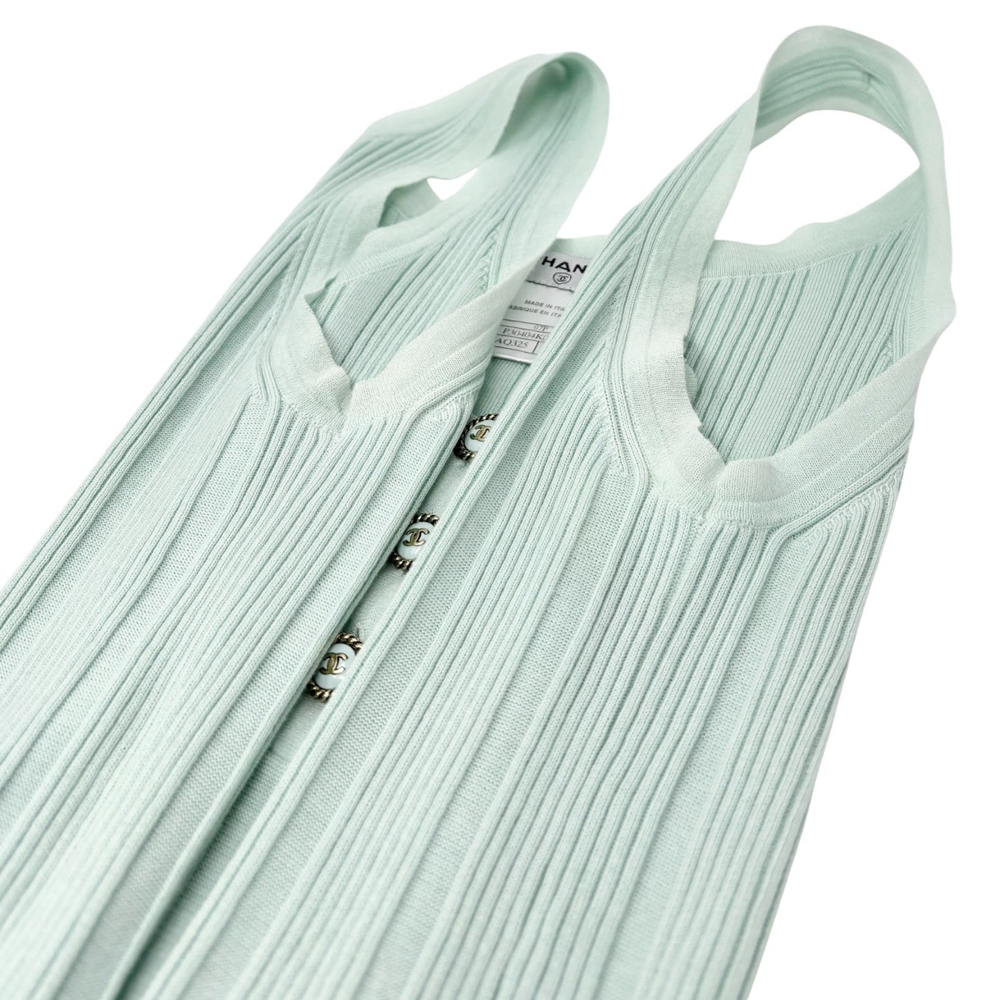 CHANEL Vintage 07P CC Logo Ribbed Tank Top #36 Sleeveless Button Mint Green