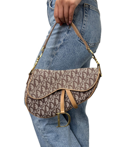 Christian Dior Vintage Trotter Monogram Saddle Bag Brown  Gold Canvas 902327