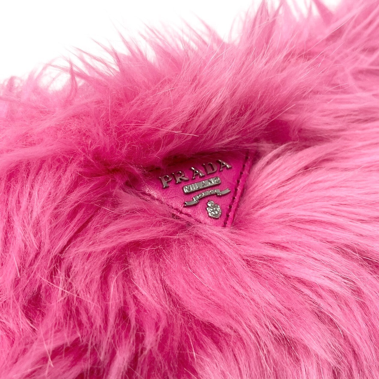 PRADA Vintage Logo Clutch Bag Wristlet Pouch Pink Silver Faux Fur Zip RankAB+