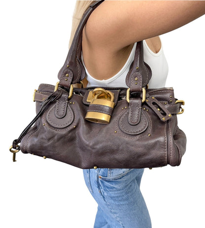 Chloe Vintage Paddington Padlock Key Boston Bag Leather Brown Gold 902317