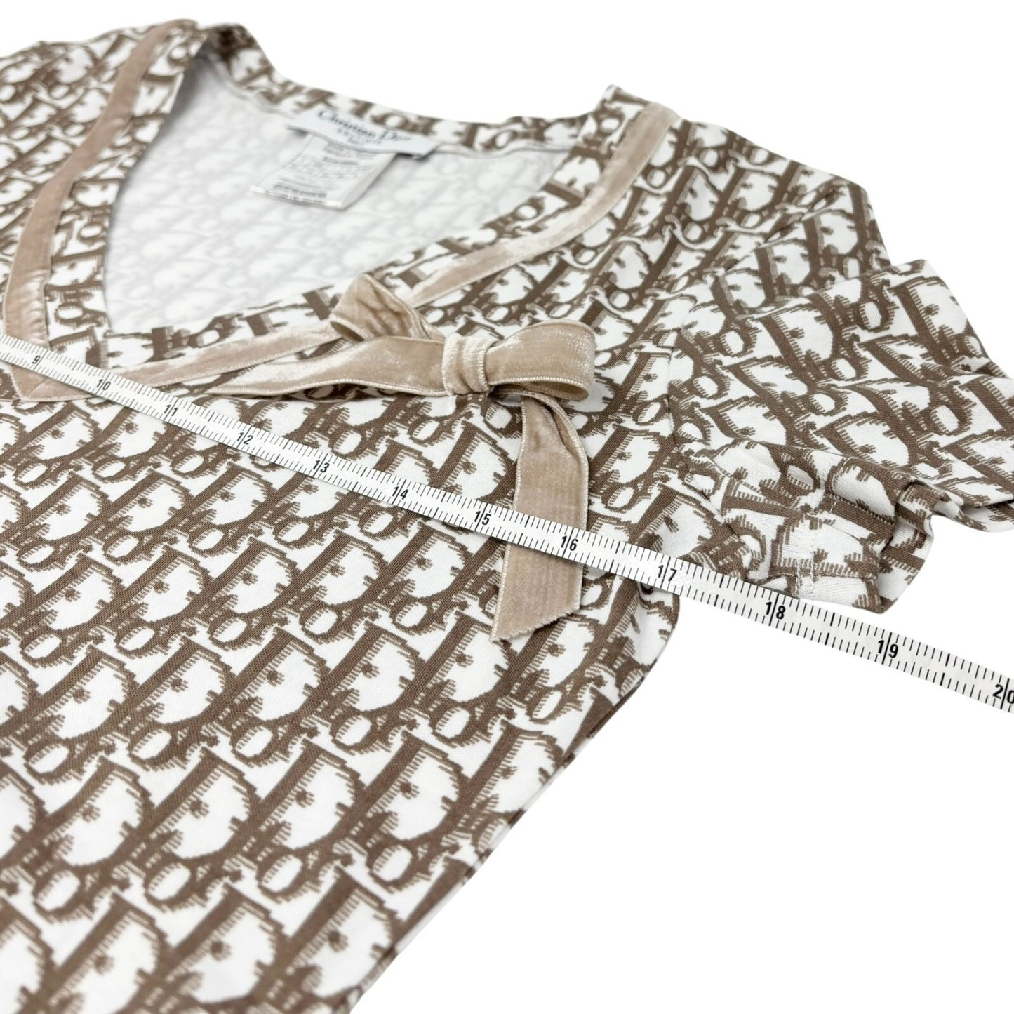 Christian Dior Vintage 2005 Trotter Monogram V-neck T-shirt Top Cream Ribbon