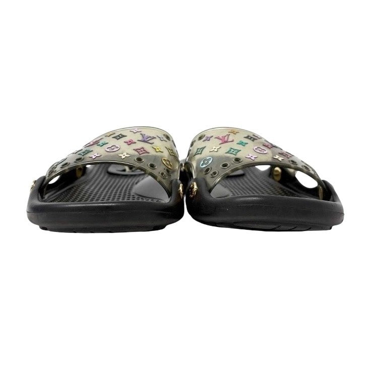 LOUIS VUITTON Vintage Monogram Multicolor Slide Sandals #37 Black Rubber