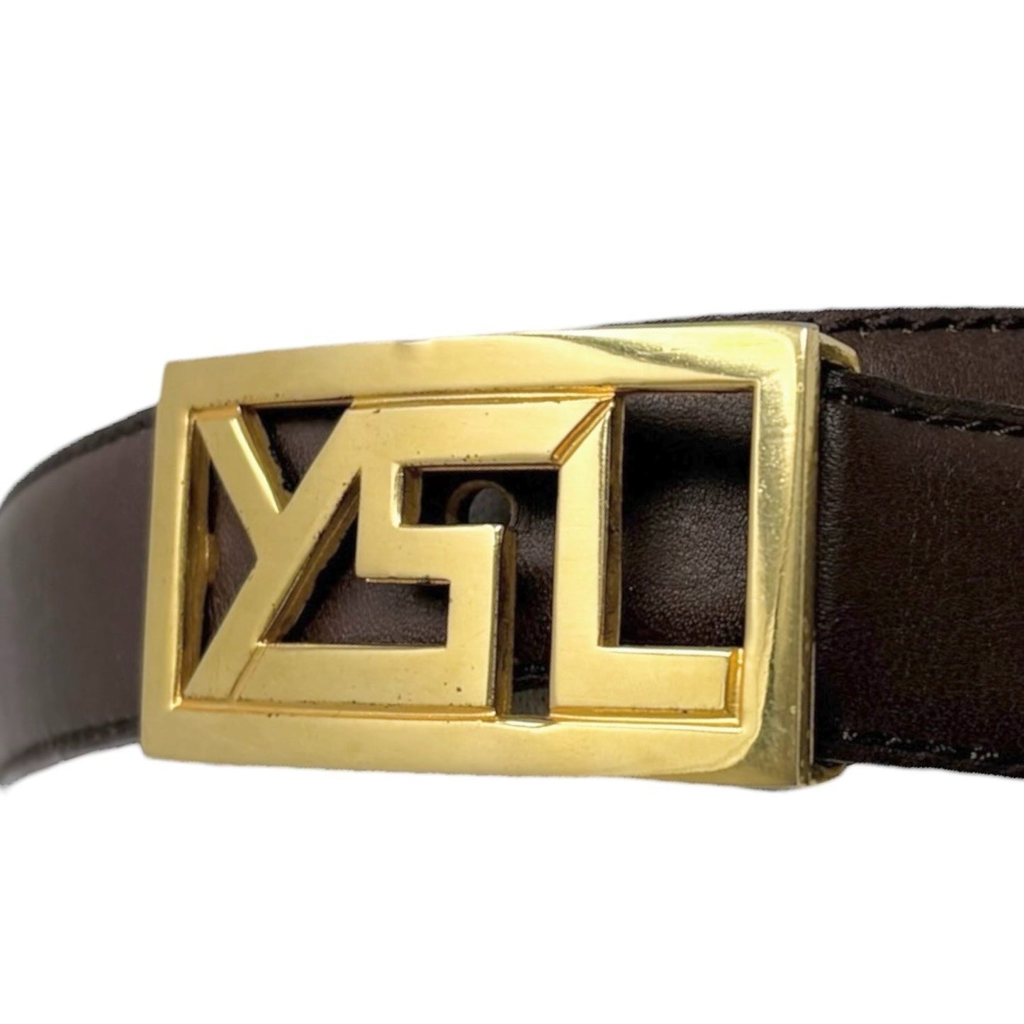 Yves Saint Laurent Vintage YSL Logo Leather Belt Brown Gold Buckle 902539