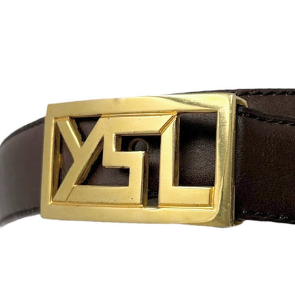 Yves Saint Laurent Vintage YSL Logo Leather Belt Brown Gold Buckle 902539