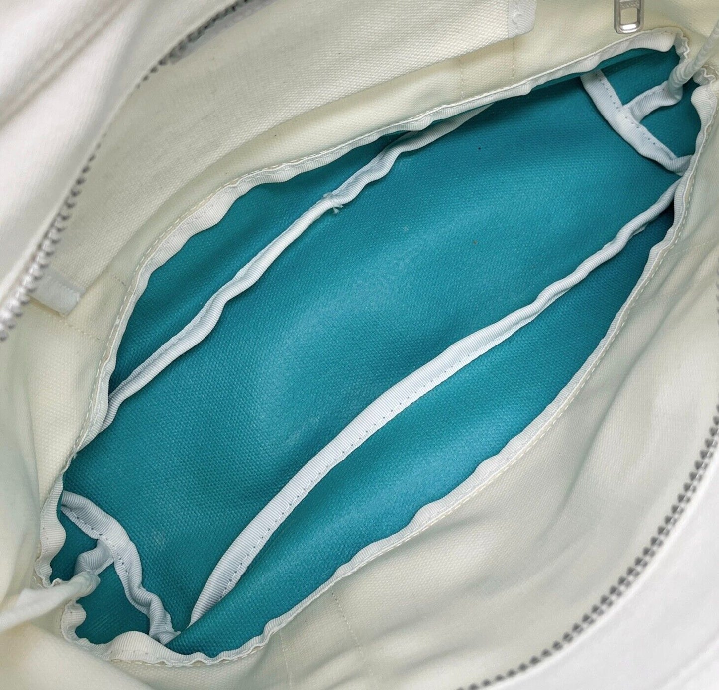 Courreges Vintage Logo Tote Bag Pocket Zip White Light Blue Cotton Rank AB