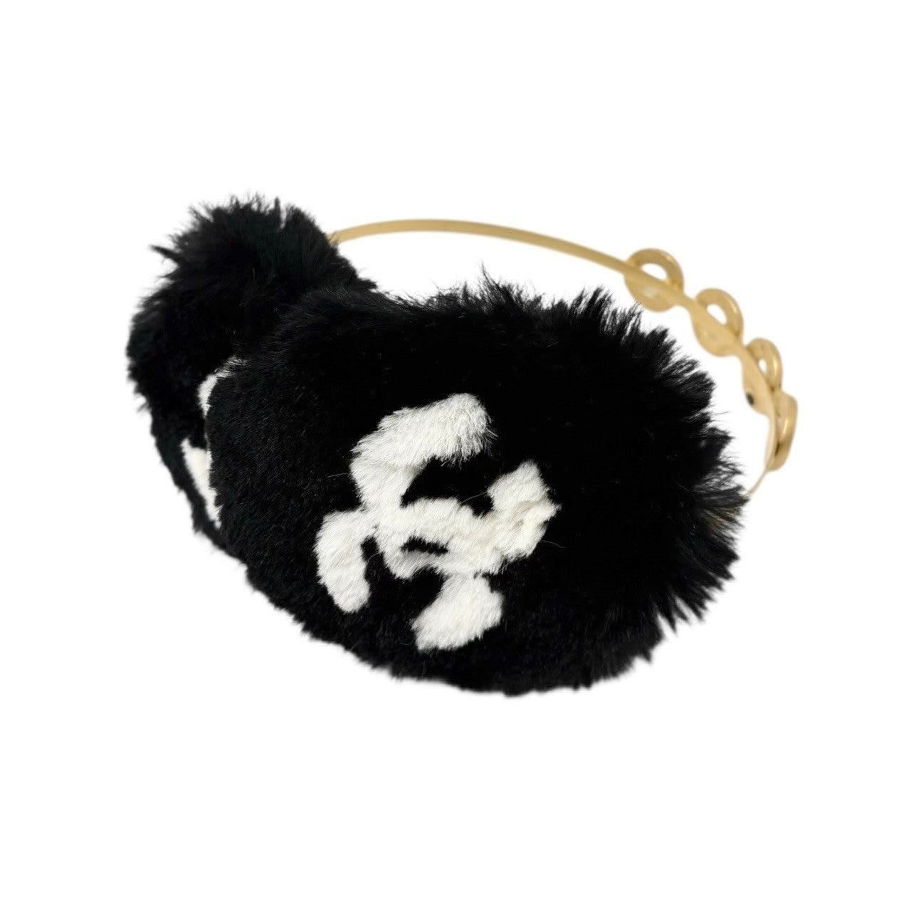 CHANEL Vintage 01A Pearl CC Mark Logo Fur Earmuffs Black Gold White
