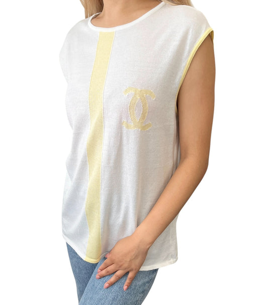 CHANEL Vintage 00S CC Logo Knit Tank Top #42 Sleeveless White Yellow Cotton