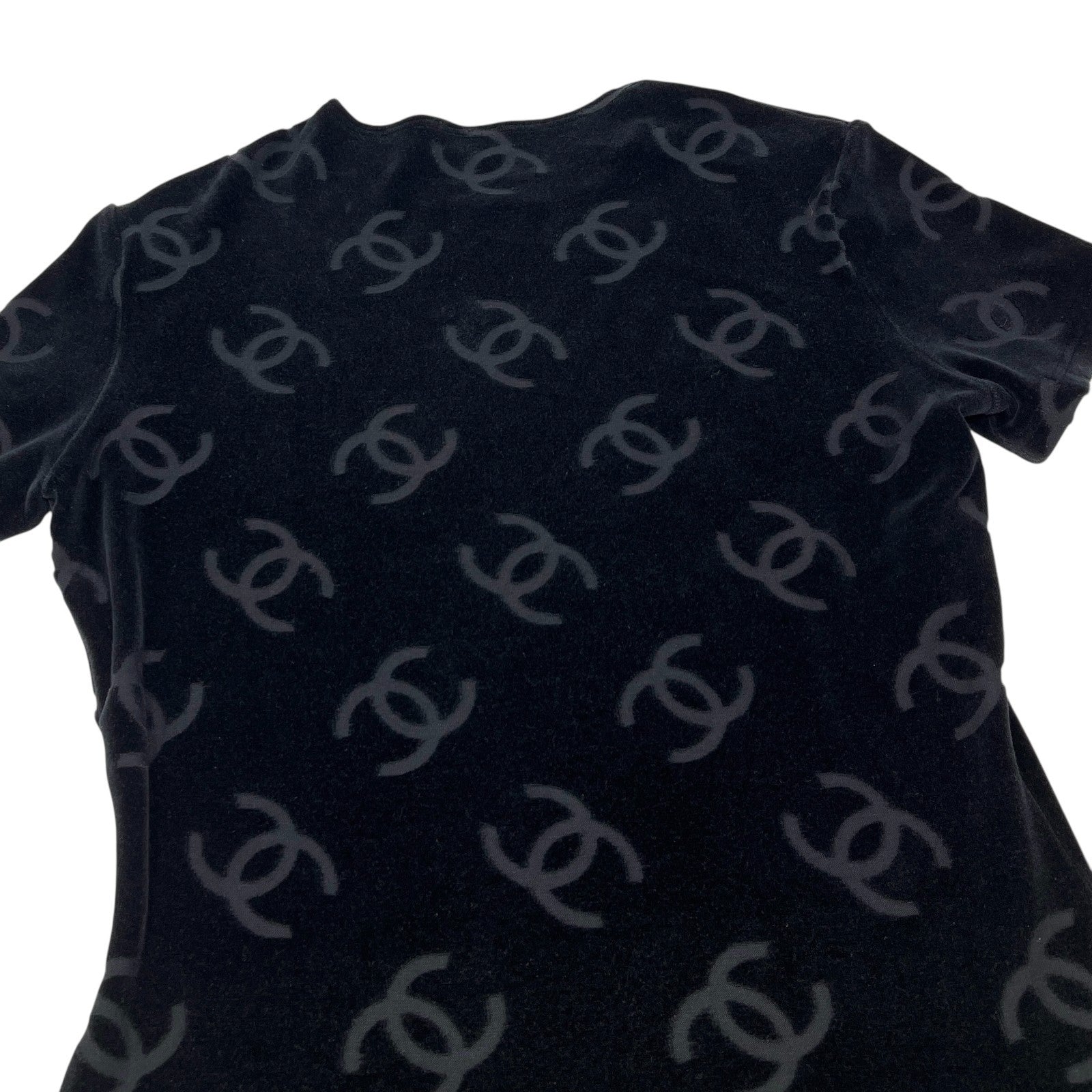 CHANEL Vintage 1996 CC Logo Monogram Velour T-shirt Top #44 Black Cotton
