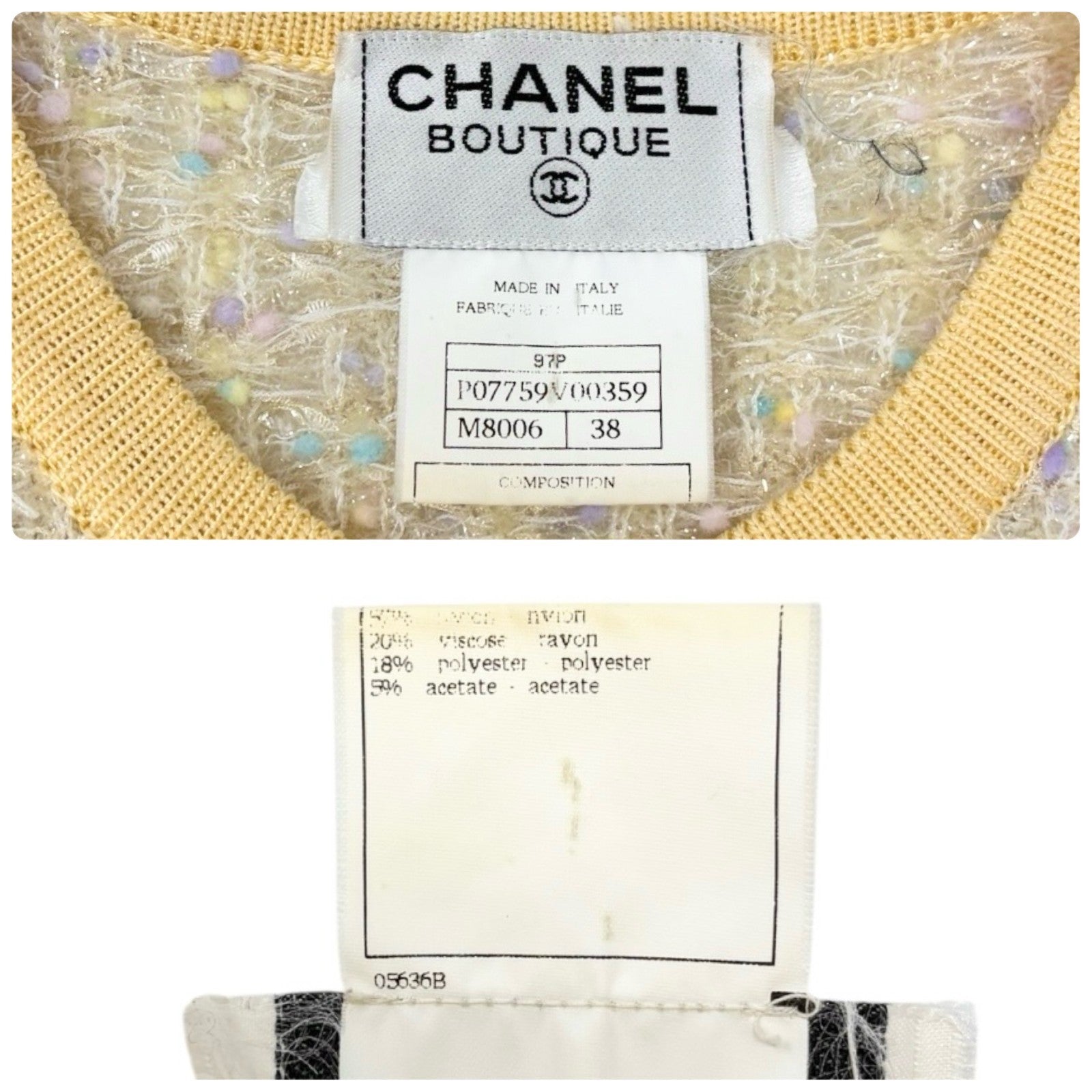 CHANEL Vintage 97P CC Mark Logo Tweed Cardigan #38 Sweater Yellow Nylon
