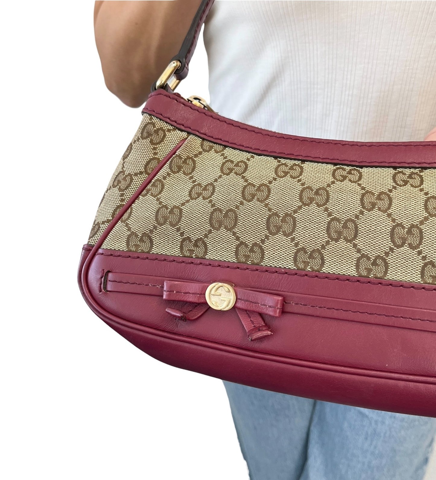 GUCCI Vintage GG Logo Monogram Canvas Mayfair Shoulder Bag Beige Pink Ribbon