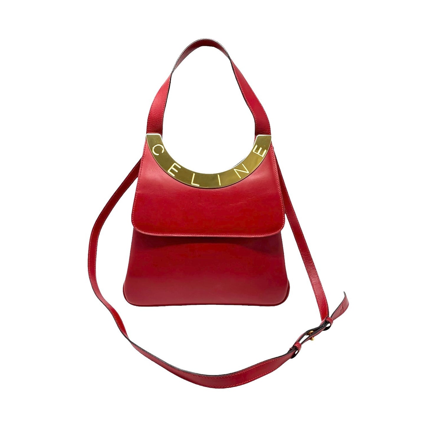 CELINE Vintage Logo Circle Flap 2way Shoulder Bag Red Gold Leather 902080