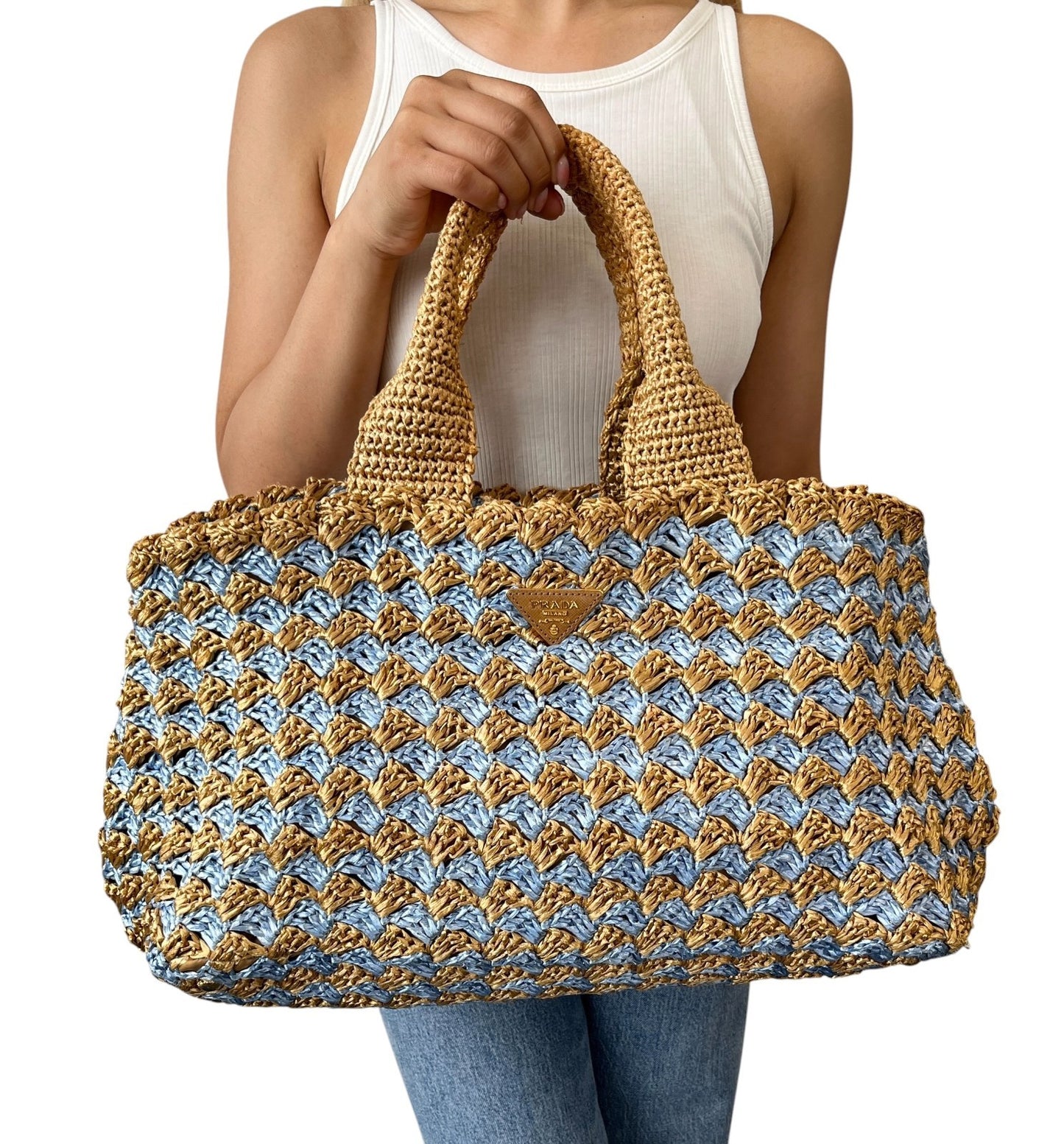PRADA Vintage Triangle Logo Raffia Canapa Tote Bag Beige Blue Crochet 902055