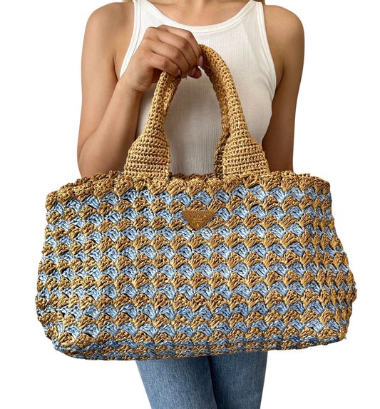 PRADA Vintage Triangle Logo Raffia Canapa Tote Bag Beige Blue Crochet 902055