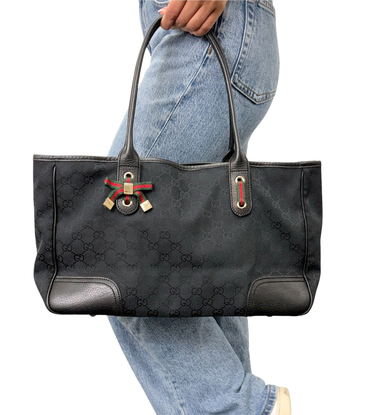 GUCCI Vintage GG Monogram Web Stripe Ribbon Tote Shoulder Bag Black 902464