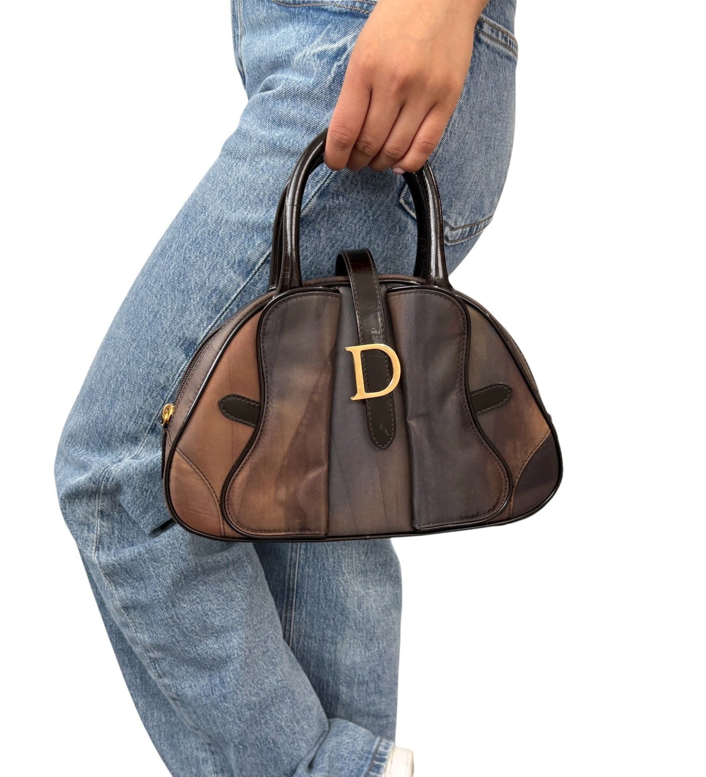 Christian Dior Vintage Double Saddle Bag Geometric Brown Nylon Patent 902265