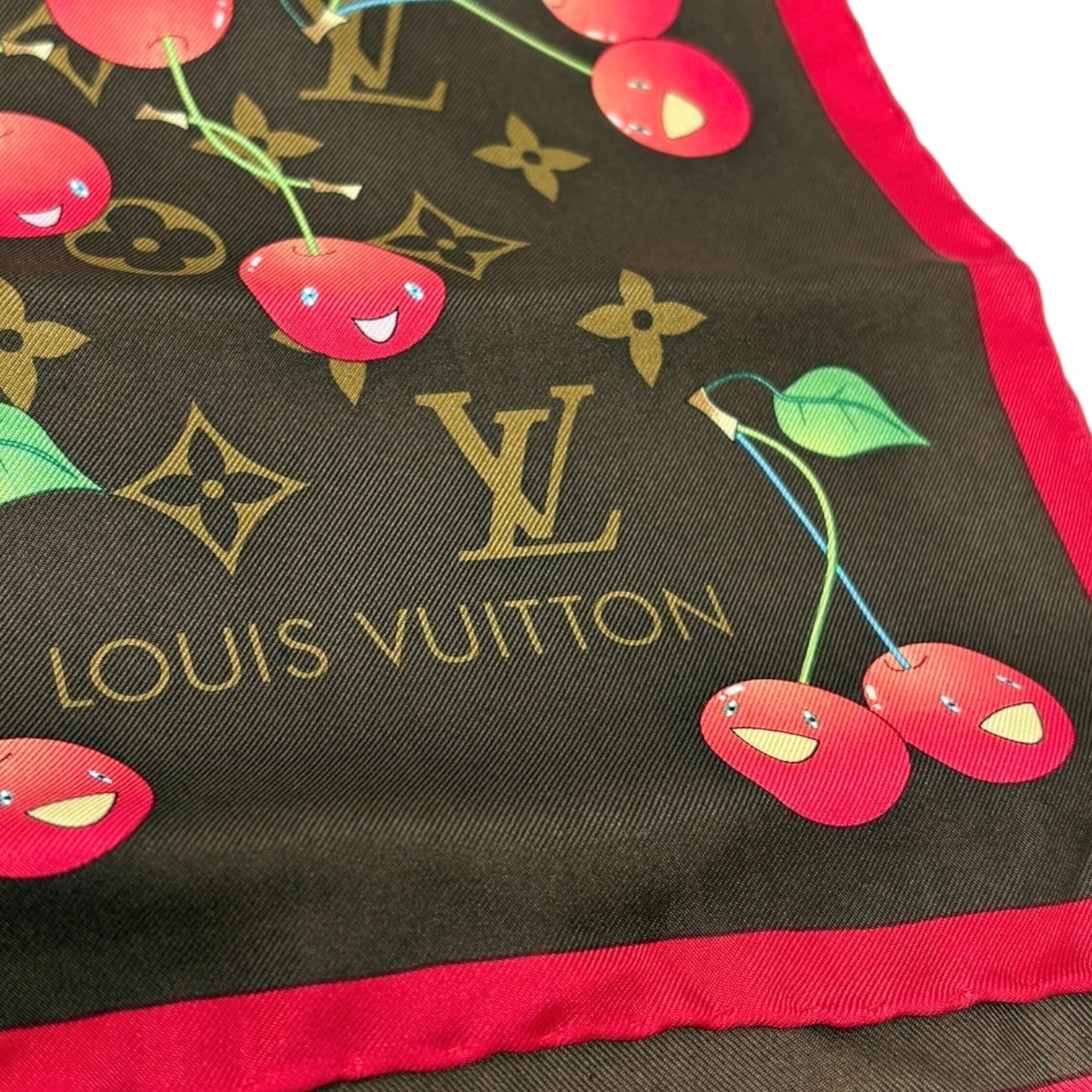 LOUIS VUITTON Vintage LV Logo Monogram Cherry Scarf Brown Red Silk Murakami