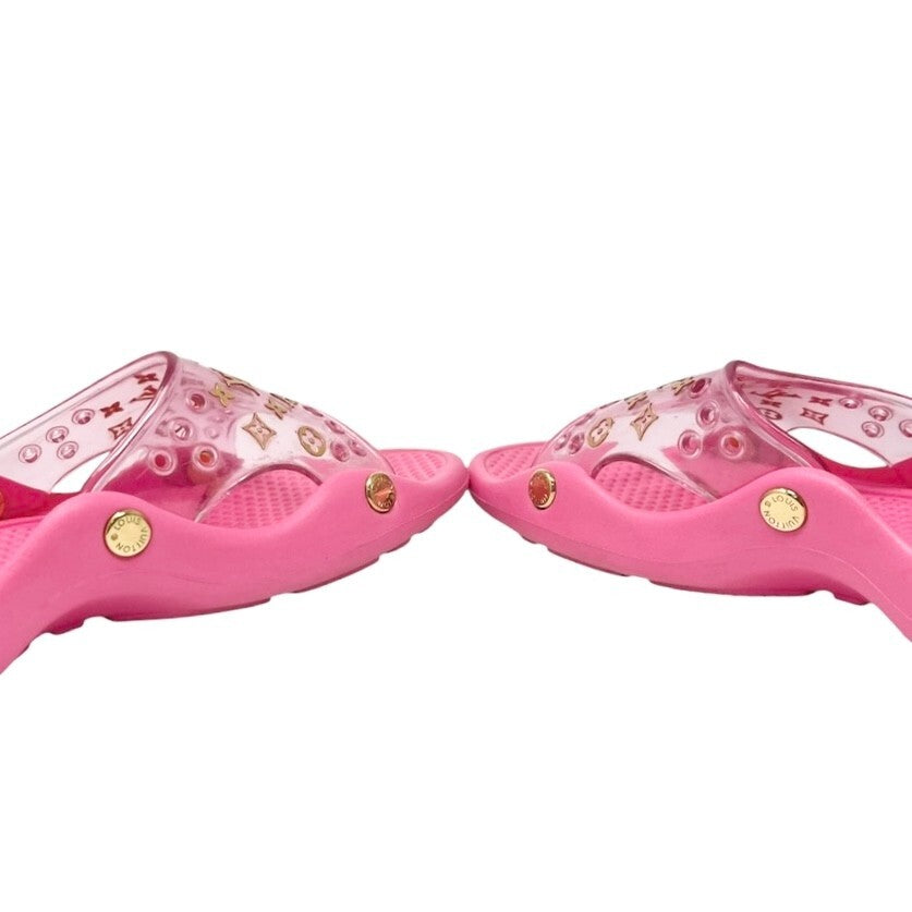 LOUIS VUITTON Vintage Lv Logo Monogram Beach Sandals #36-36.5 Pink Gold Rubber