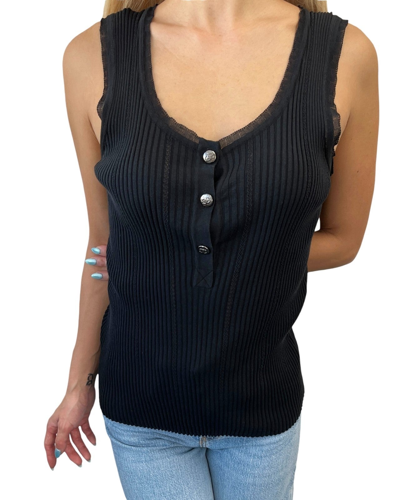 CHANEL Vintage 08P CC Logo Button Ribbed Knit Tank Top #42 Black Silver Cotton