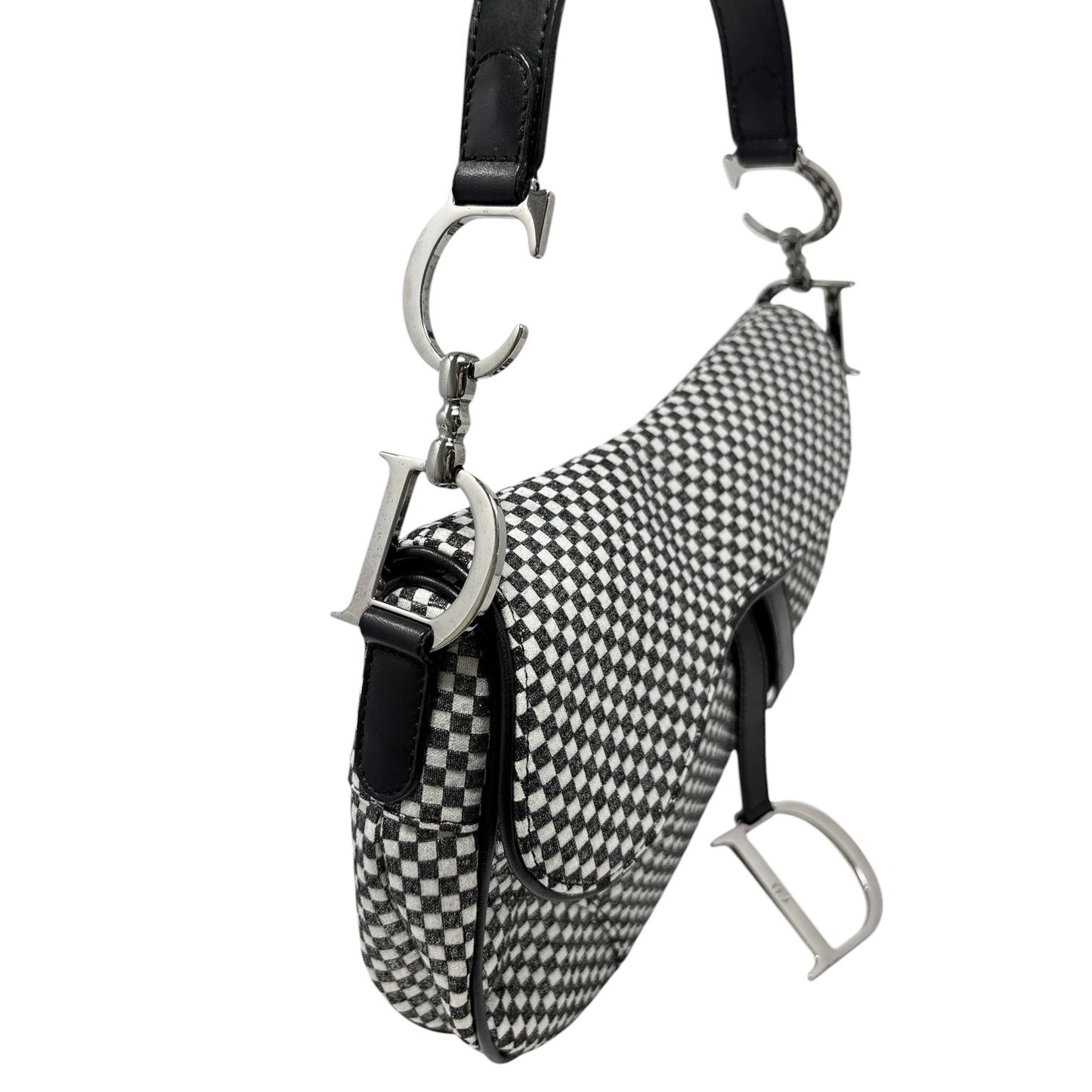 Christian Dior Vintage 2002 Checkered Glitter Saddle Bag Black Silver Cotton