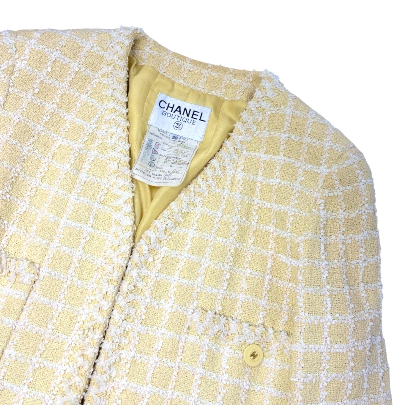 CHANEL Vintage 94P CC Mark Logo Tweed Jacket #38 Yellow White Cotton