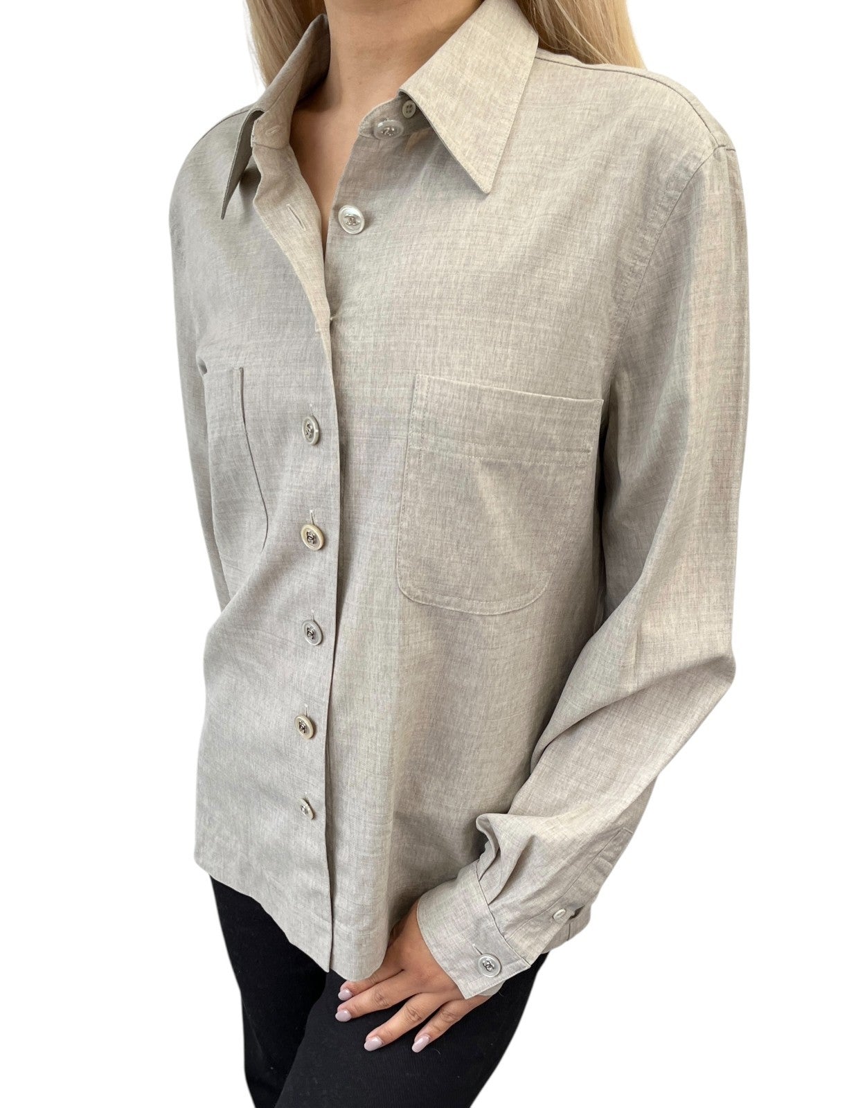 CHANEL Vintage CC Logo Button Up Shirt Blouse Top Beige Front Pocket Wool