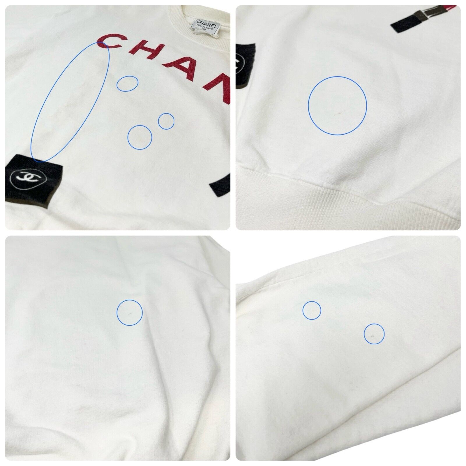 CHANEL Vintage CC Logo Long Sleeve Top Sweatshirt #M White Red Rip Cosme Cotton
